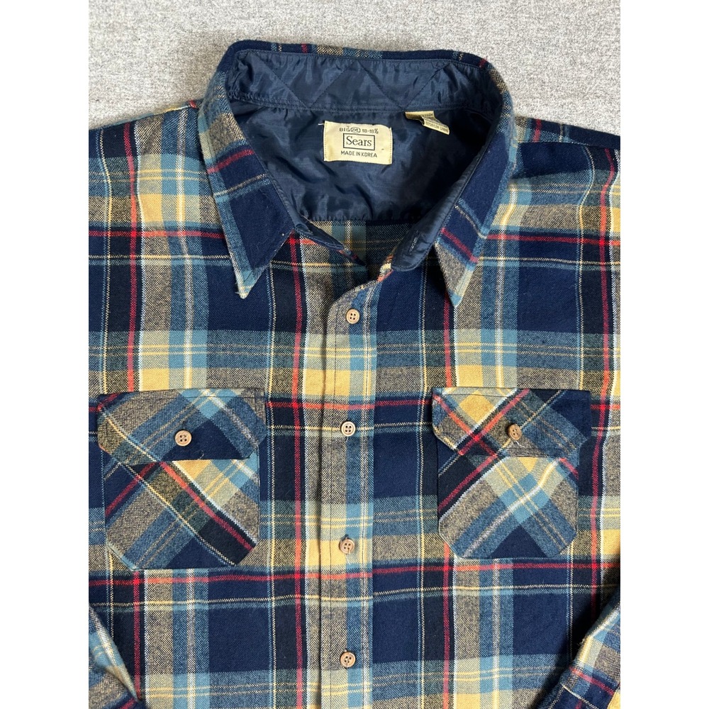 Vintage 1970s Sears Wool Flannel Shirt Mens 2XL Blue Yellow Plaid‎